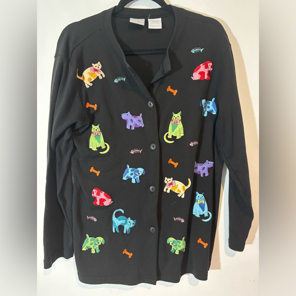 Blair Vintage Medium Black Embroidered CatDog Button Down Cardigan Retro Sweater